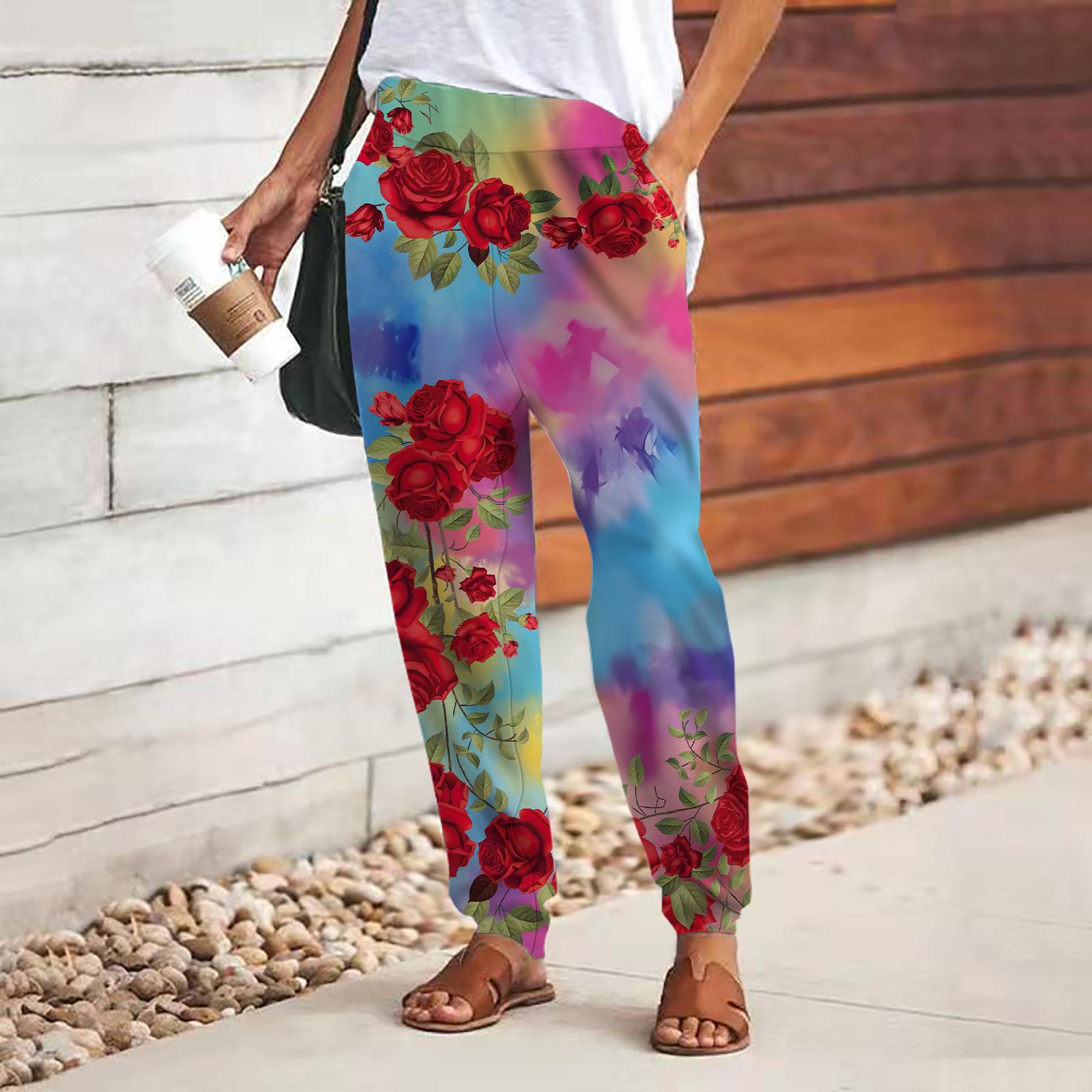 

Женские брюки с 3D разноцветным цветочным принтом, свободные брюки со шнуровкой и эластичным поясом, повседневные длинные брюки с карманами 8XL