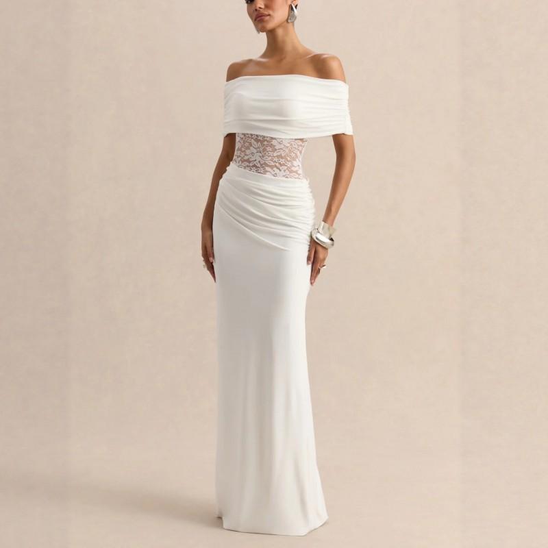 Womens Ruched Strapless Off-Shoulder Long Dress With Lace Cutout Panel Slim Fit Maxi Vacation Beach