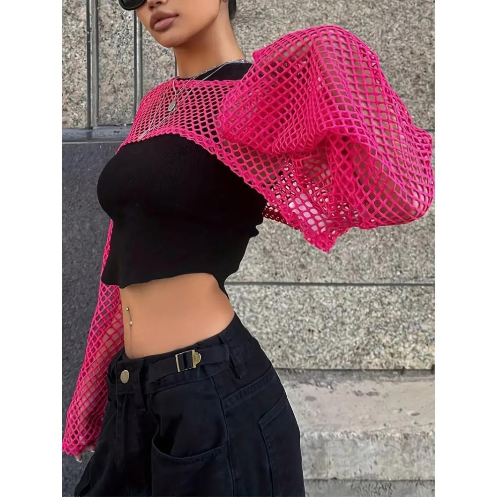 Mesh Solid Color Hollow Top Spring and Autumn Long-sleeved Hollow Ultra-short Casual T-shirt for Women