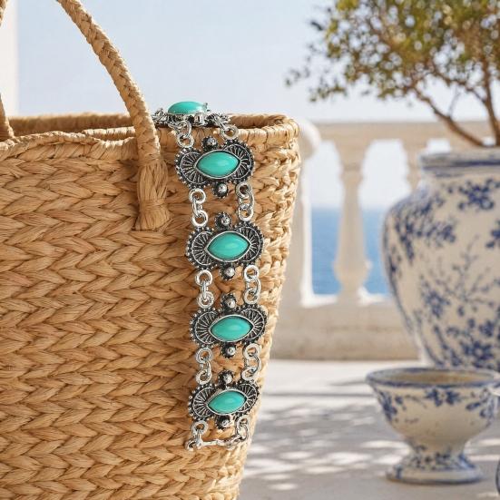 Turquoise Inlay Bracelet, Bohemian Style Distressed Bracelet, Adjustable Chain Hollow Carved Bracelet, Casual Boho Bracelet for Jewelry Gift