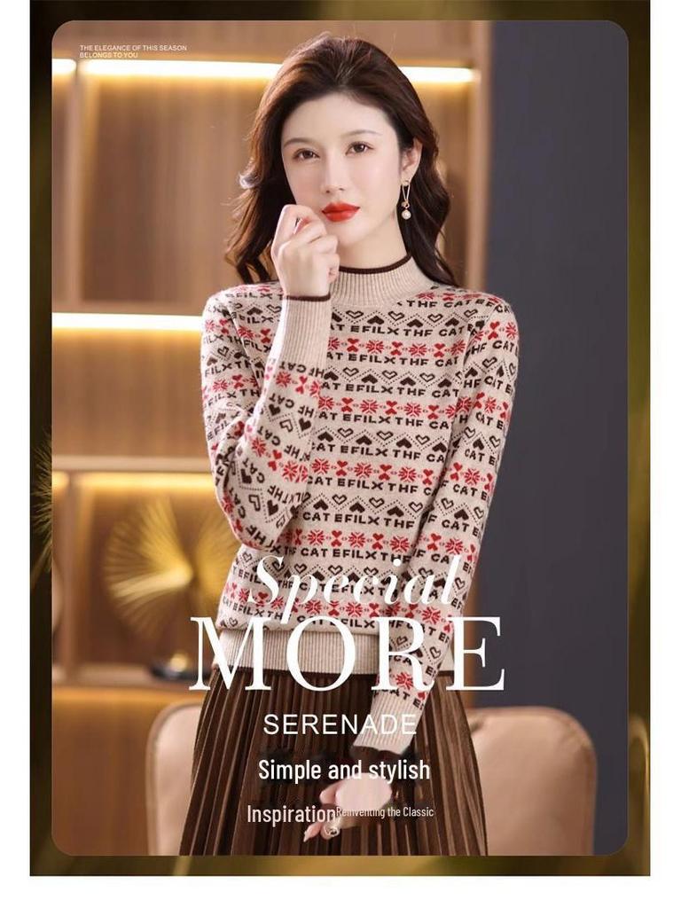 2024 Women's Autumn/Winter Half-Turtleneck Jacquard Knitted Sweater