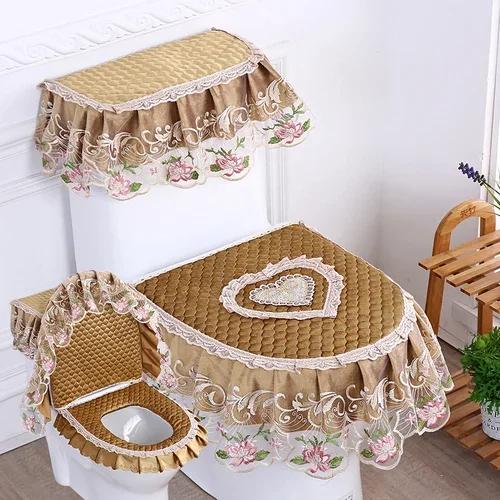 Μαξιλάρι τουαλέτας με δαντέλα Four Seasons Σετ καθίσματος τουαλέτας με εκτύπωση φανέλας τριών τεμαχίων με φερμουάρ σε σχήμα U Beauty κάλυμμα για τη σκόνη τουαλέτας