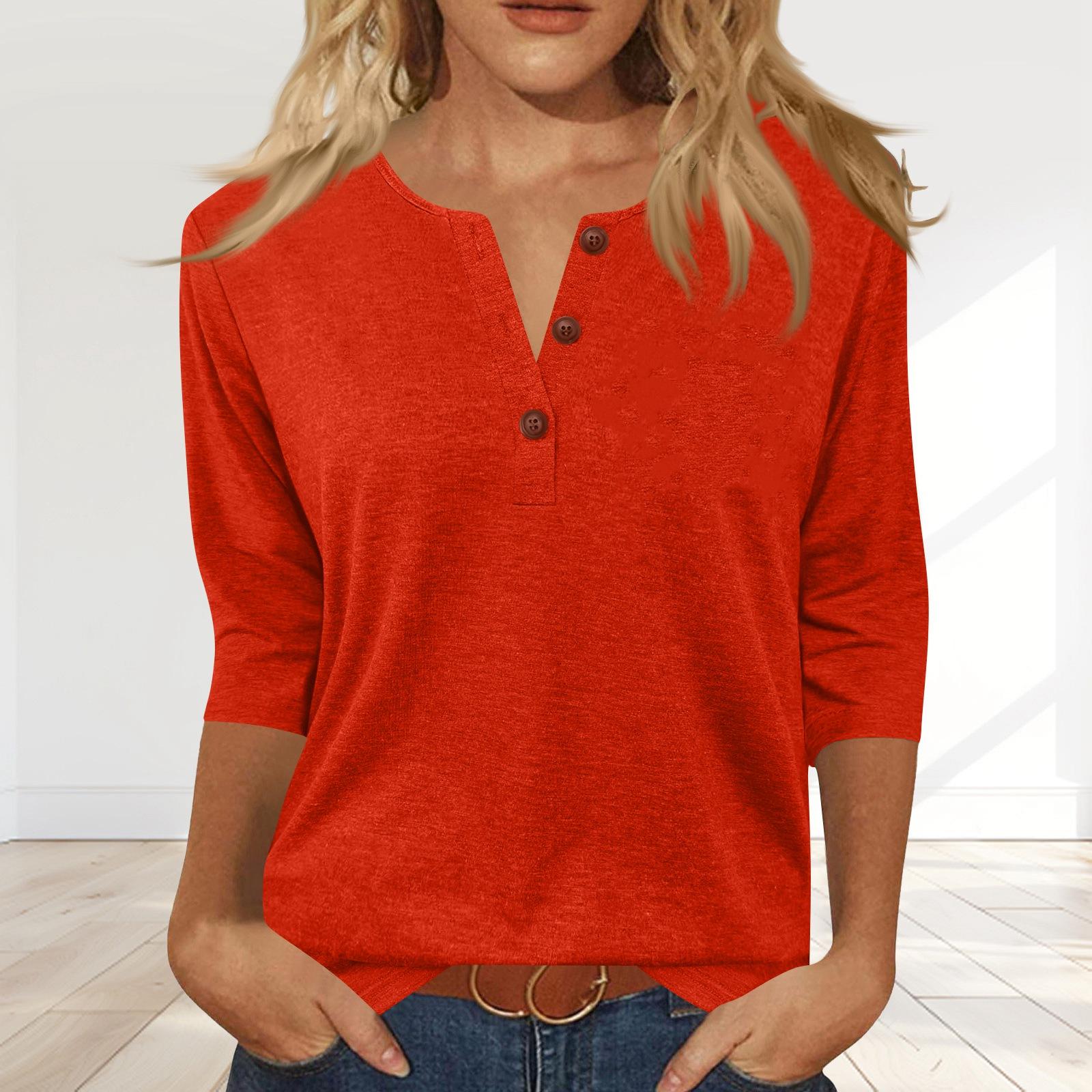 

Women s Fashionable Casual Button-down Collar Three-quarter Sleeve T-shirt Top XL червоний