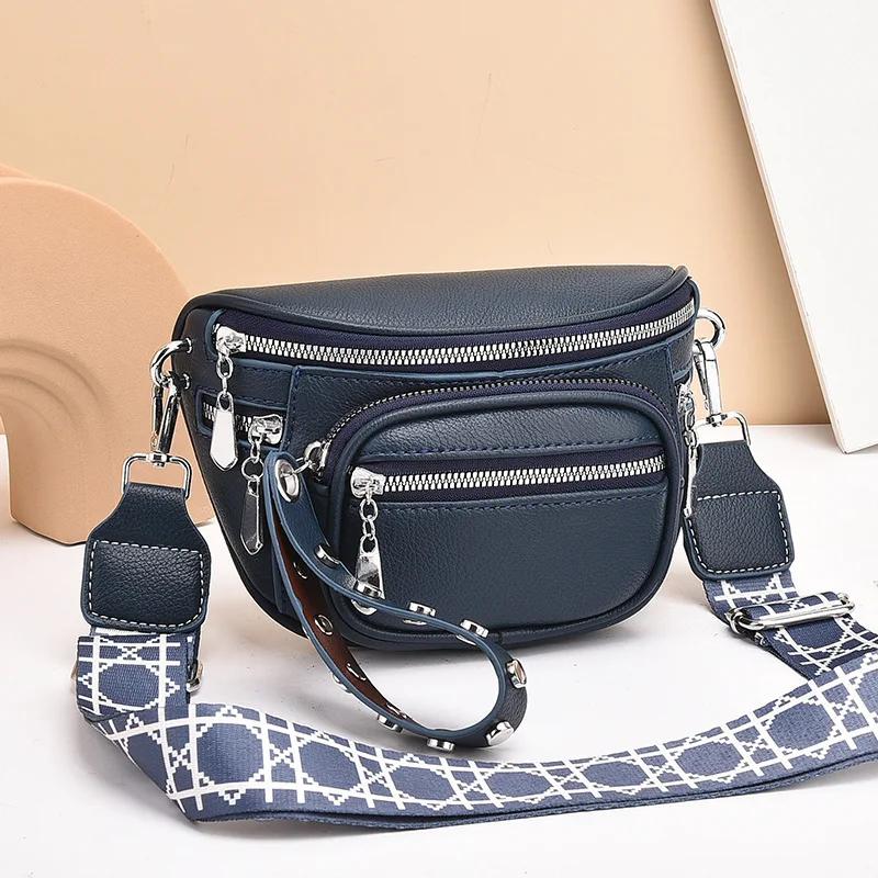 Sacs Bandoulière de Luxe Multi-poches 100% Cuir de Vachette pour Femmes Sacs Messager à Bandoulière Noirs Petit Sac Poitrine Sac de Voyage Selle
