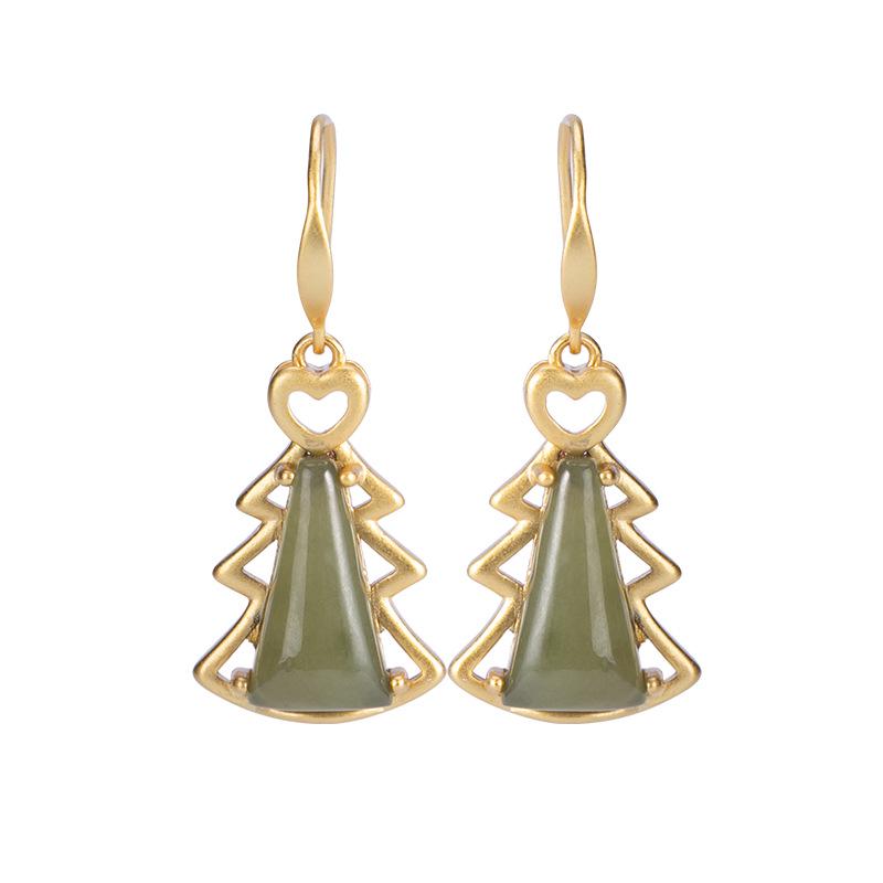 Yi Lu Yin S925 Gold-Plated Sterling Silver Christmas Tree Jade Earrings for Women