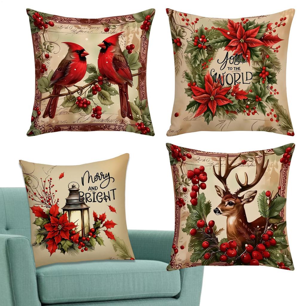 Christmas Pillow Covers 18x18 Inch 4 Pack Red Linen Couch Sofa Cushion Covers Holiday Home Decor Gift for Living Room Bedroom