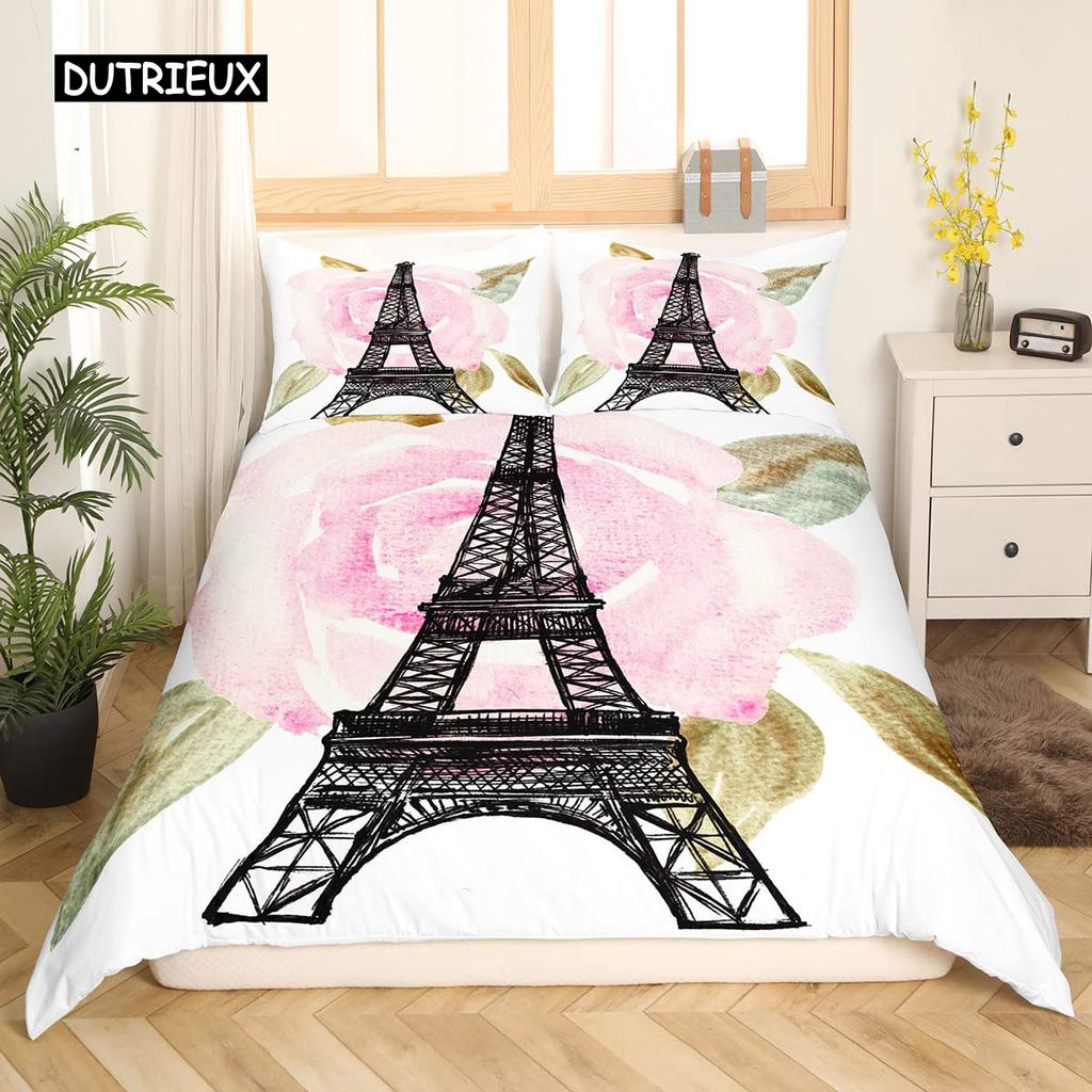 Valentine Day King Queen Duvet Cover Paris Eiffel Tower Bedding Set Pink Watercolor Tulips Flowers Balloon Polyester Quilt Cover