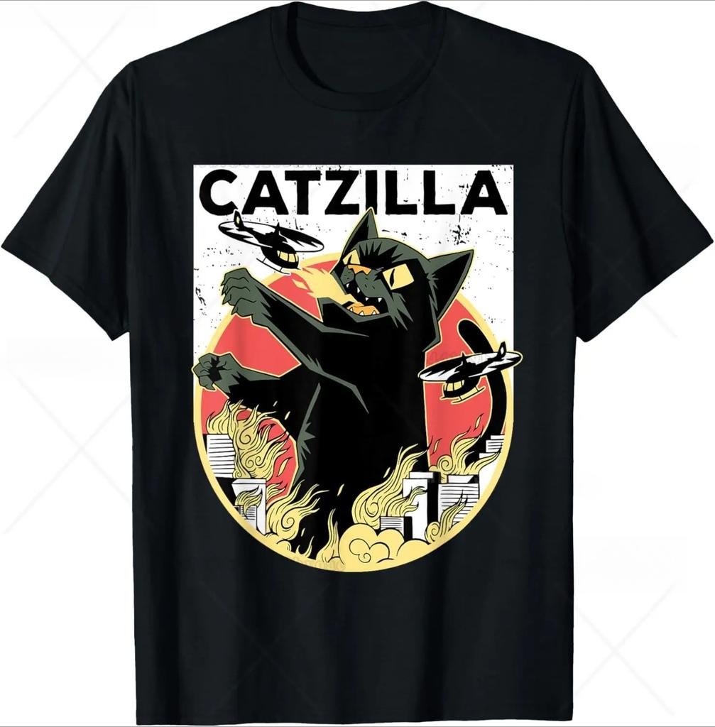 Funny Cartoon Comic Style Japanese Art Catzilla Cat Gifts for Women TShirt Unisex Cotton Oneck Tee Top Fashion Fitness T Shirt