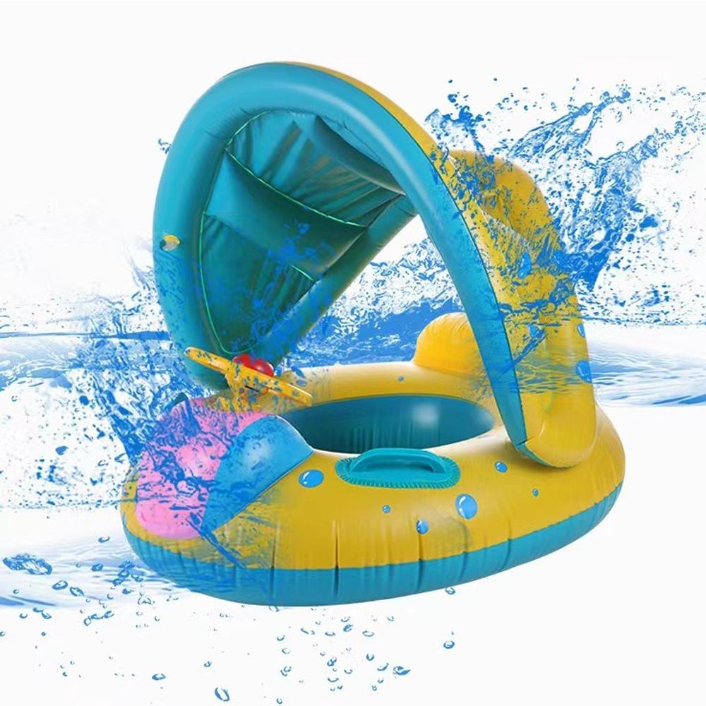 Baby Swim Ring with Sunshade, Toddler Inflatable Boat Float with Steering Wheel