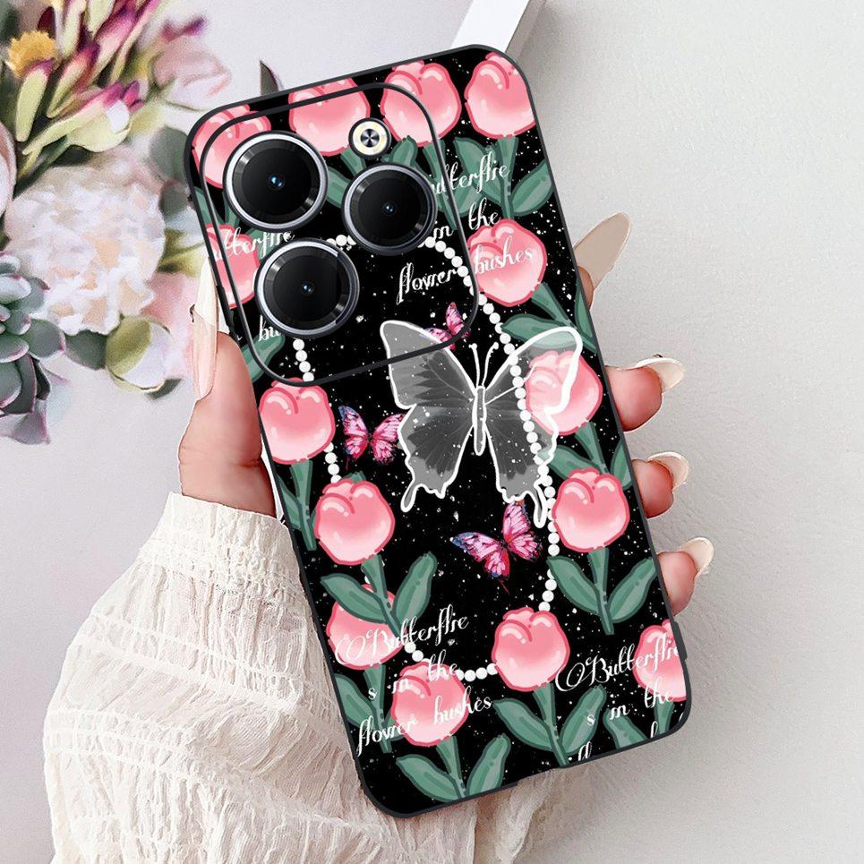 Cover For Tecno Spark 20 Pro Plus Back Bumper Spark 20Pro 20C Colorful Butterfly Flower Painting Phone Case Black Soft Silicone