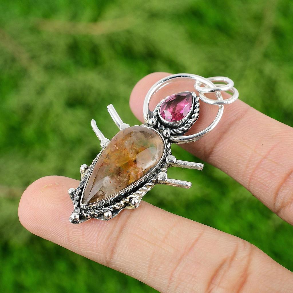 925 Silver Pear Elestial Quartz Gemstone Pink Tourmaline Mother Handmade Pendant
