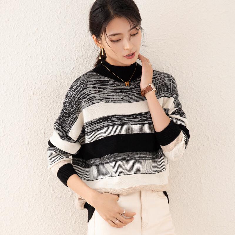 

TUHUANG Women s Thickened Retro Striped Pure Wool Turtleneck Sweater One Size