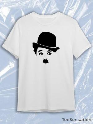 T-shirt Bianca Girocollo Manica Corta con Silhouette Nera del Volto di Charlie Chaplin