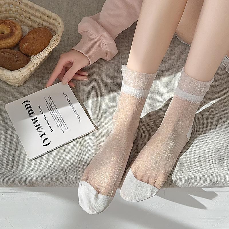 See Through Transparent Women Socks Colorful Star Summer Ultra-thin Nylon Loose Long Socks Women Sweet Girls Mesh Lace Socks Sox