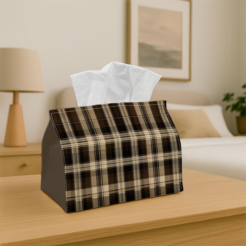 1pc Brown Plaid Tartan Tissue Holder | Versatile Napkin Dispenser, Ideal for Home, Gatherings, Vehicle Decor Classic Country Check - Stylish Tissue Ho