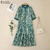 ZANZEA Women Casual Turn Down Collar Loose 3/4 Sleeve Retro Print Long Dress