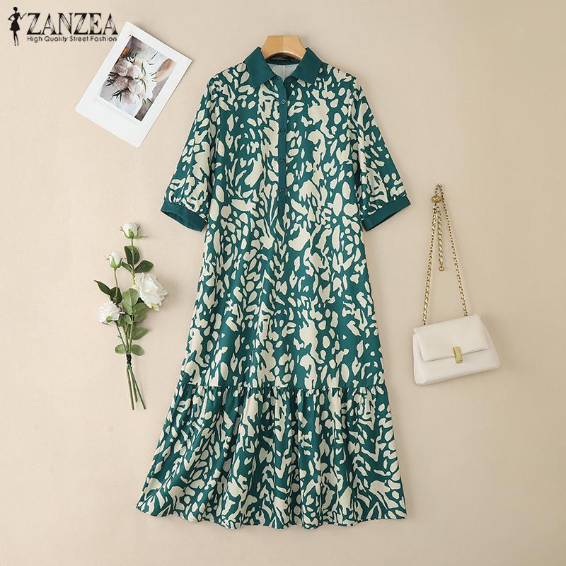 ZANZEA Women Casual Turn Down Collar Loose 3/4 Sleeve Retro Print Long Dress