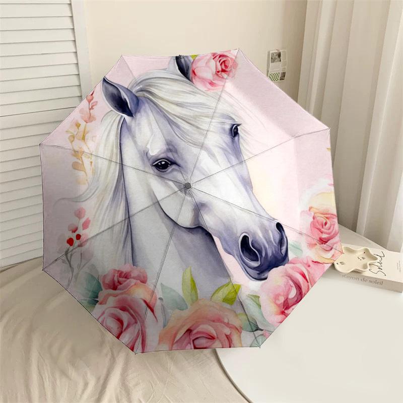 1pc Horse Floral Automatic Folding Umbrella, Heavy Duty 8 Rib Iron Frame,  Suitable for Travel, Daily Use, Birthday, Decor Gift m0104035