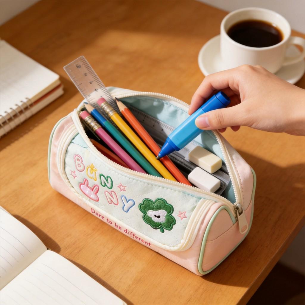 Oxford Cloth Cute Clover Pencil Case With Embroidery Large Capacity For Students And Office