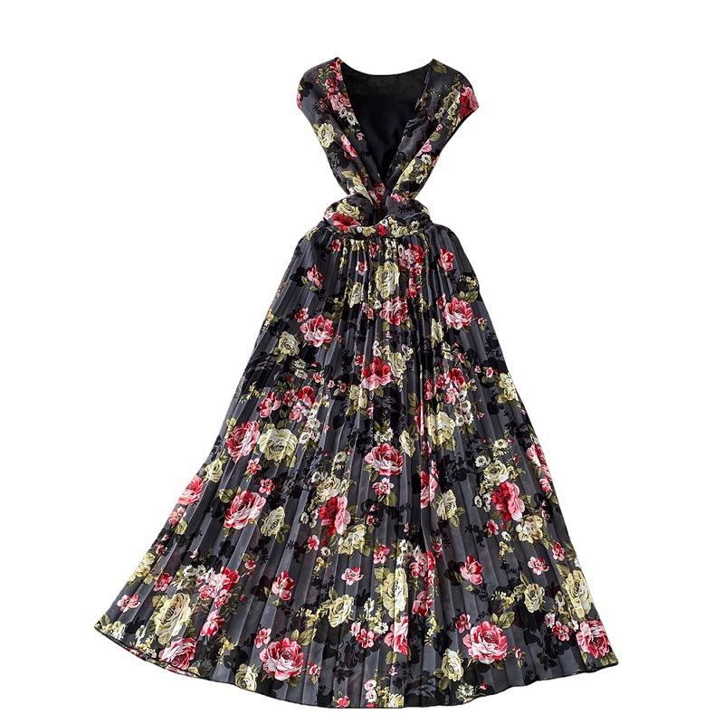 French romantic style print sexy deep V-neck bag sleeve dress women's spring and autumn kink waist and thin pleated dress