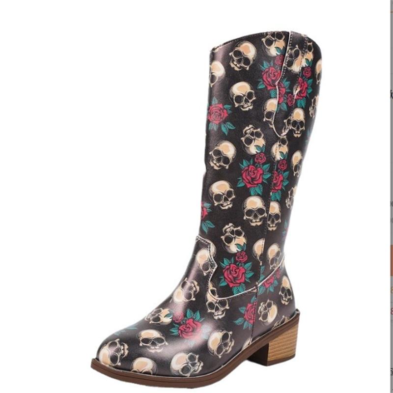 Halloween Skeleton Print Gothic Long Boots Women Autumn Mid Calf High Heels Western Boots Woman Pointed Toe Cowgirl Botas