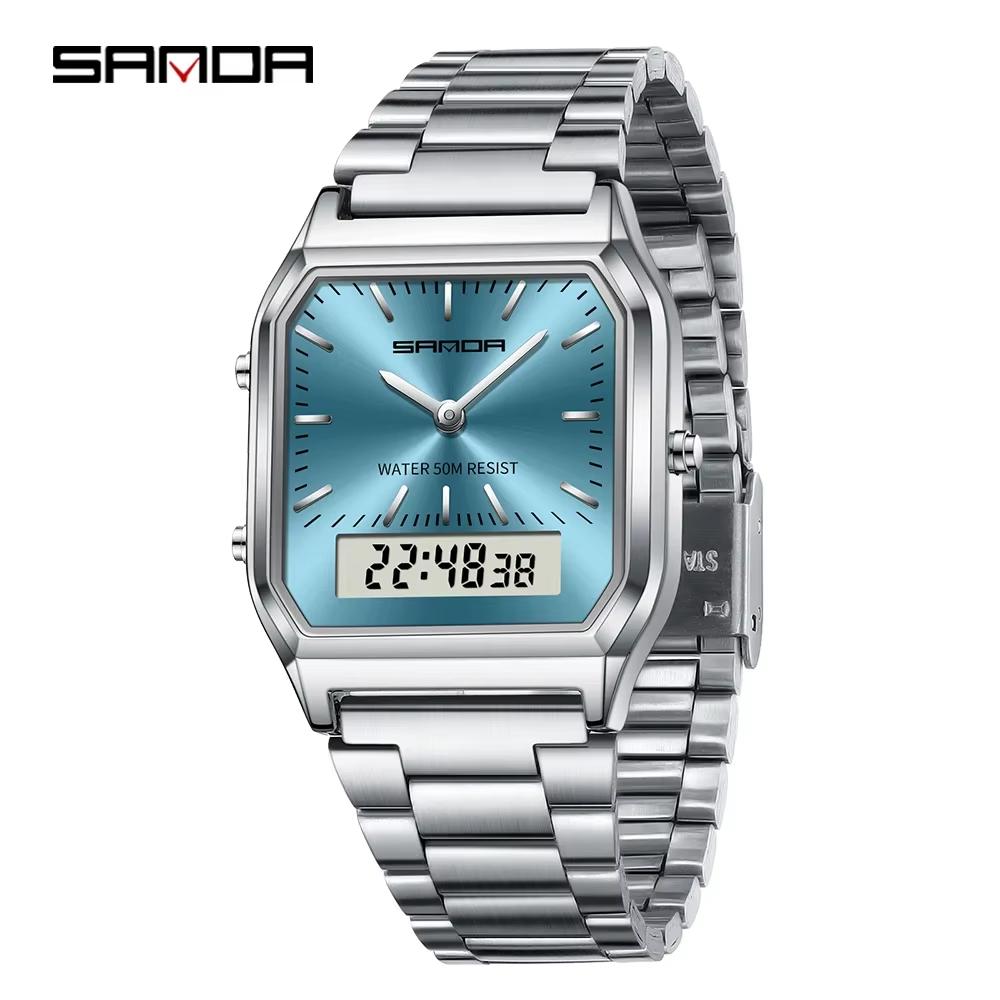 SANDA 747 Quartz Digital 5bar Waterproof Casual Fashion Unisex Watch Stainless Steel Strap Square Dial Men's Electronic Watches