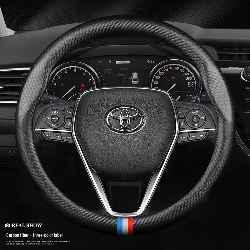 Genuine Leather Steering Wheel Cover for Toyota Camry, Corolla, Highlander, Levin, Vios with Carbon Fiber Handlebar
