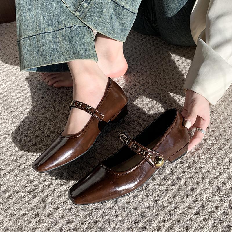 French Mary Jane Shoes Women's 2025 New Popular Spring and Summer with Skirt One-word Belt Low-heeled Single Shoes Light-mouth Small Leather Shoes