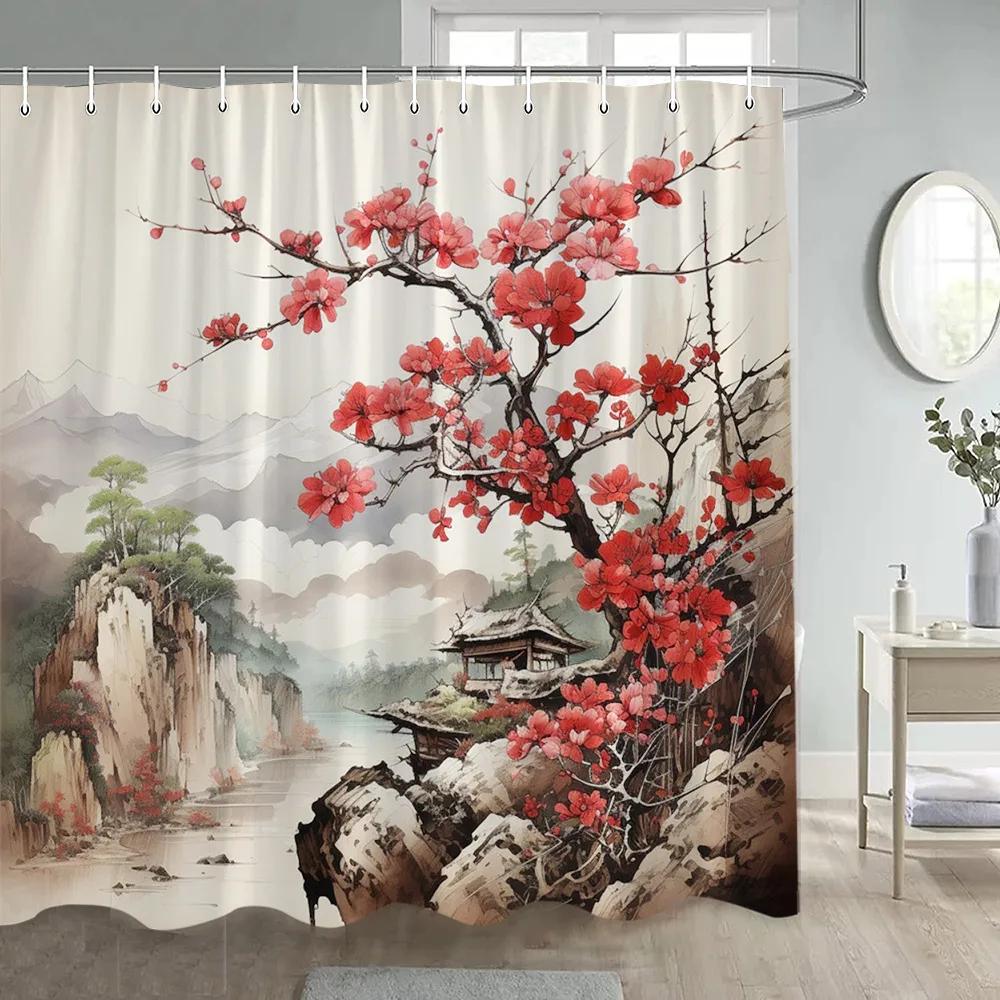 Japanese Style Flowers Bird Shower Curtain Beautiful Girl Red Floral Abstract Mountain Ink Art Landscape Decor Bathroom Curtains
