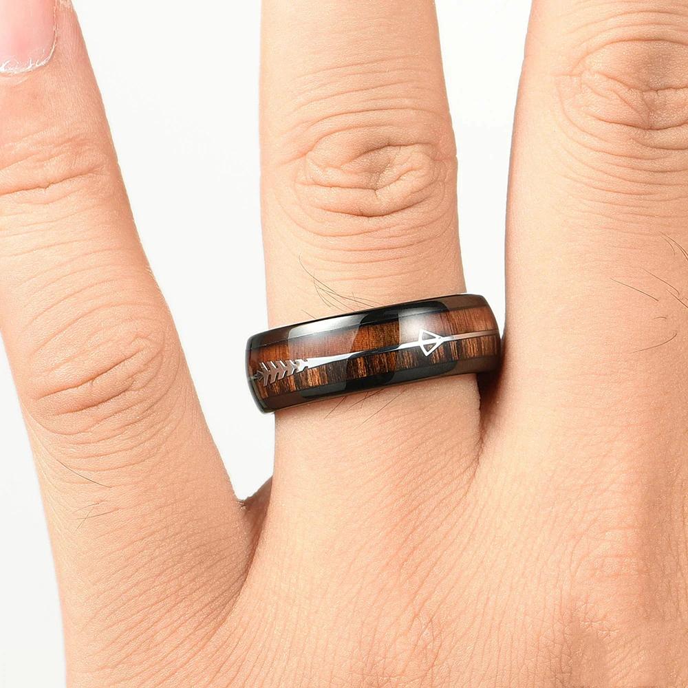 8MM Men's Koa Wood Inlay Stainless Steel Ring Unique Silver Arrow Steel Rings For Gift Luxury Party Wedding Band Jewelry Gift