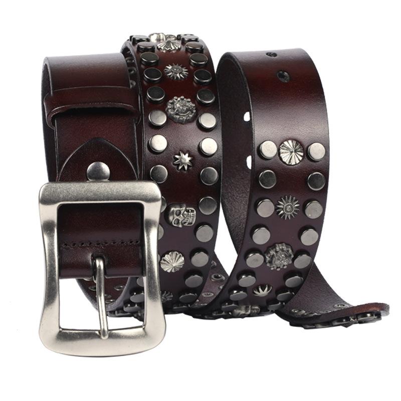 

3.8CM Fashion High Quality Alloy Skull Rivet Belts Top Quality Cowhide Real Genuine Leather Pin Buckle Belt Punk Jeans Strap 125cm