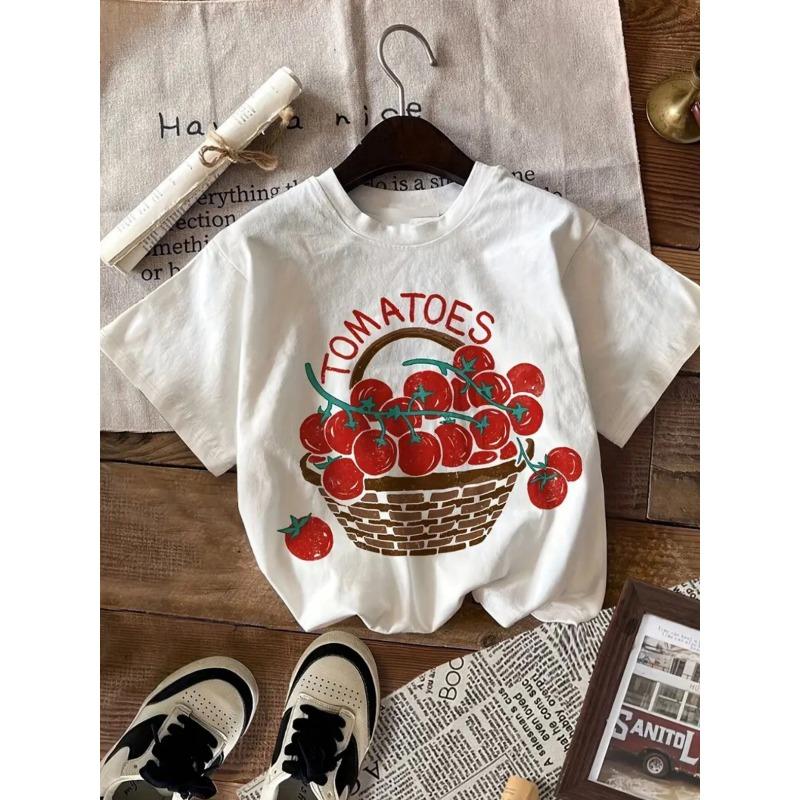 Cotton T-shirt with tomato print for kids, casual round neck, suitable for casual and sports use, spring, summer, and autumn. 110