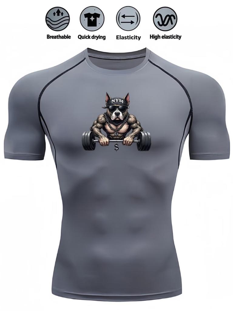 Mens Compression Short Sleeve T-Shirt Muscular Bulldog Weightlifting Graphic Breathable Quick Dry High Elasticity Gym And Streetwear Athletic Top
