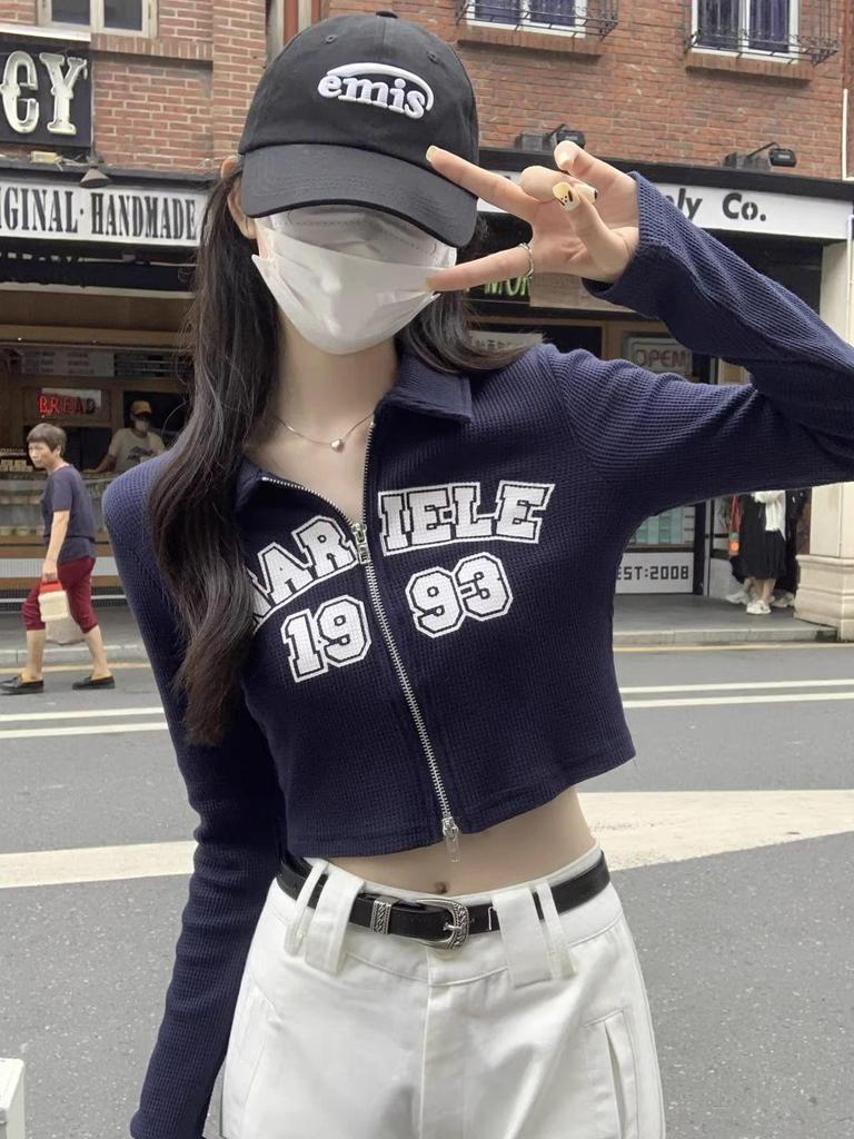 American Retro Hot Girl Double Zipper Cropped Top - Slim Fit Printed T-Shirt for Early Autumn