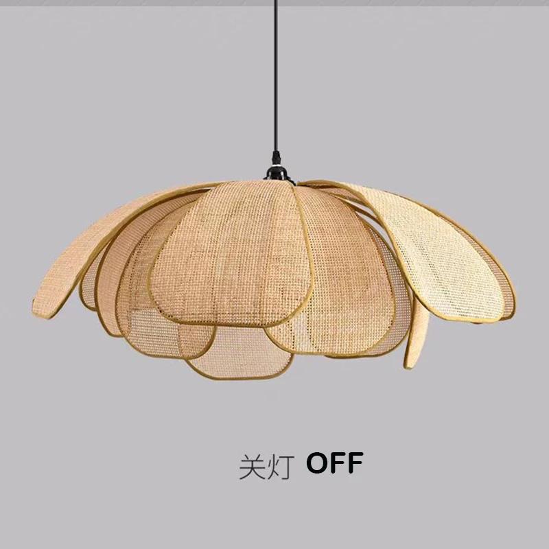 Retro Rural Hand-woven Natural Rattan Petal Chandelier Japanese-Southeast Asian Dining Room Bedroom Chandelier Artistic Atmosp