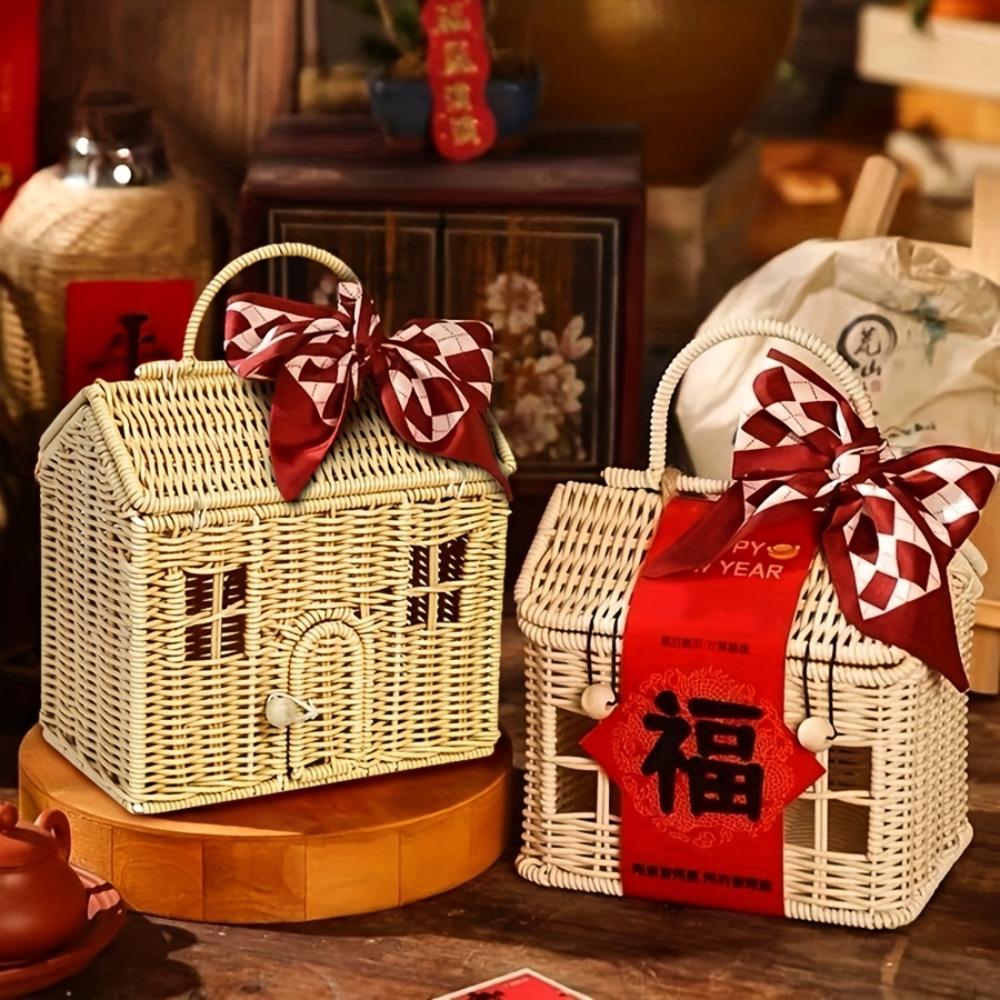 Ratanový úložný koš Proutěný s víkem Nosič pro domeček pro panenky Dekorativní ručně pletený Organizér na polici Ručně vyrobený vánoční dárek Umělecké dílo