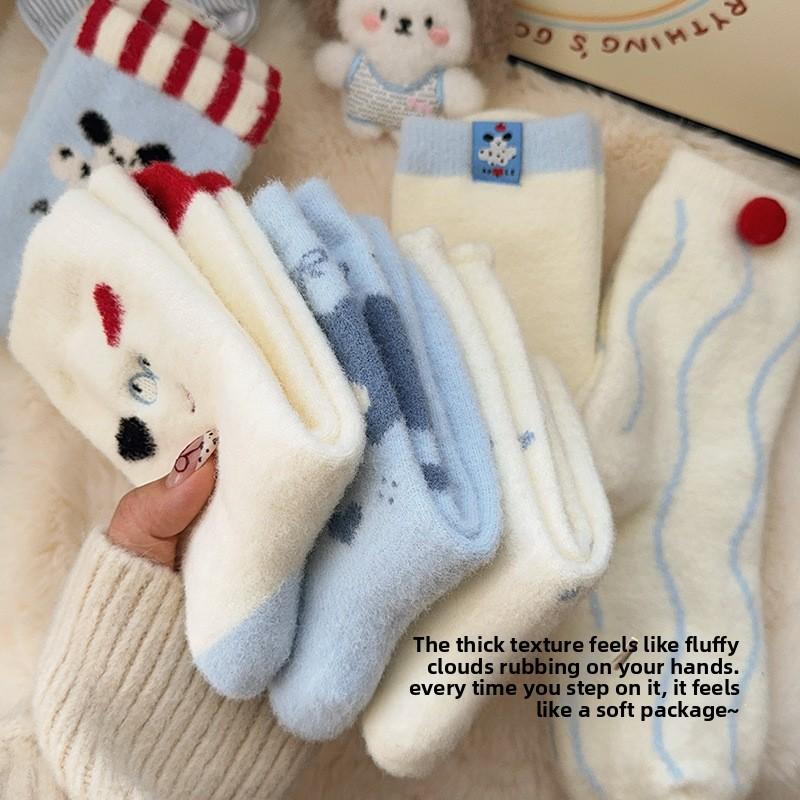 Autumn and Winter Cartoon Australian Fleece Thickened Warm Home Mid-tube Cute Plush Dog with Dotted Bow Embroidery Socks for Girls