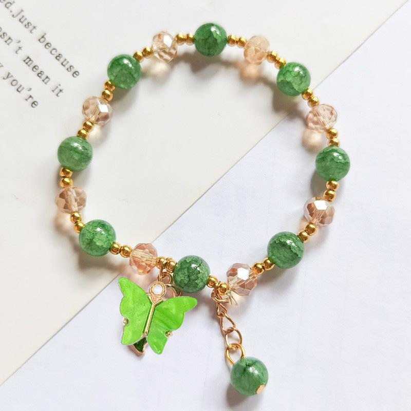 New Sweet Fashion Butterfly Pendant Tassel Imitation Jade Cracked Crystal Elastic Beaded Bracelet for Women Girl Zircon Gifts