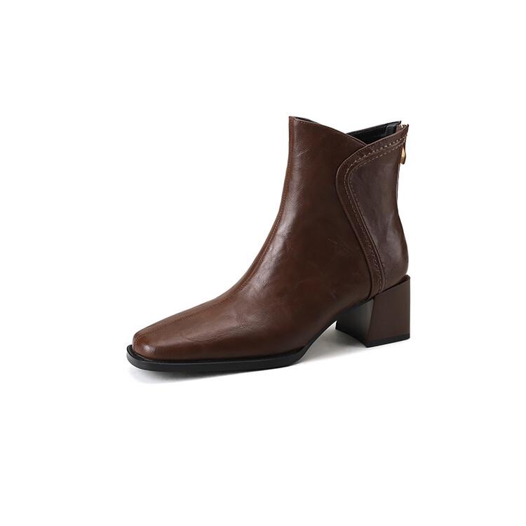 

Fashion NEW Autumn Women Shoes Square Toe Chunky Heel Boots Split Leather Shoes for Women High Heel Ankle Boots Spring Designer Boots 34 коричневый