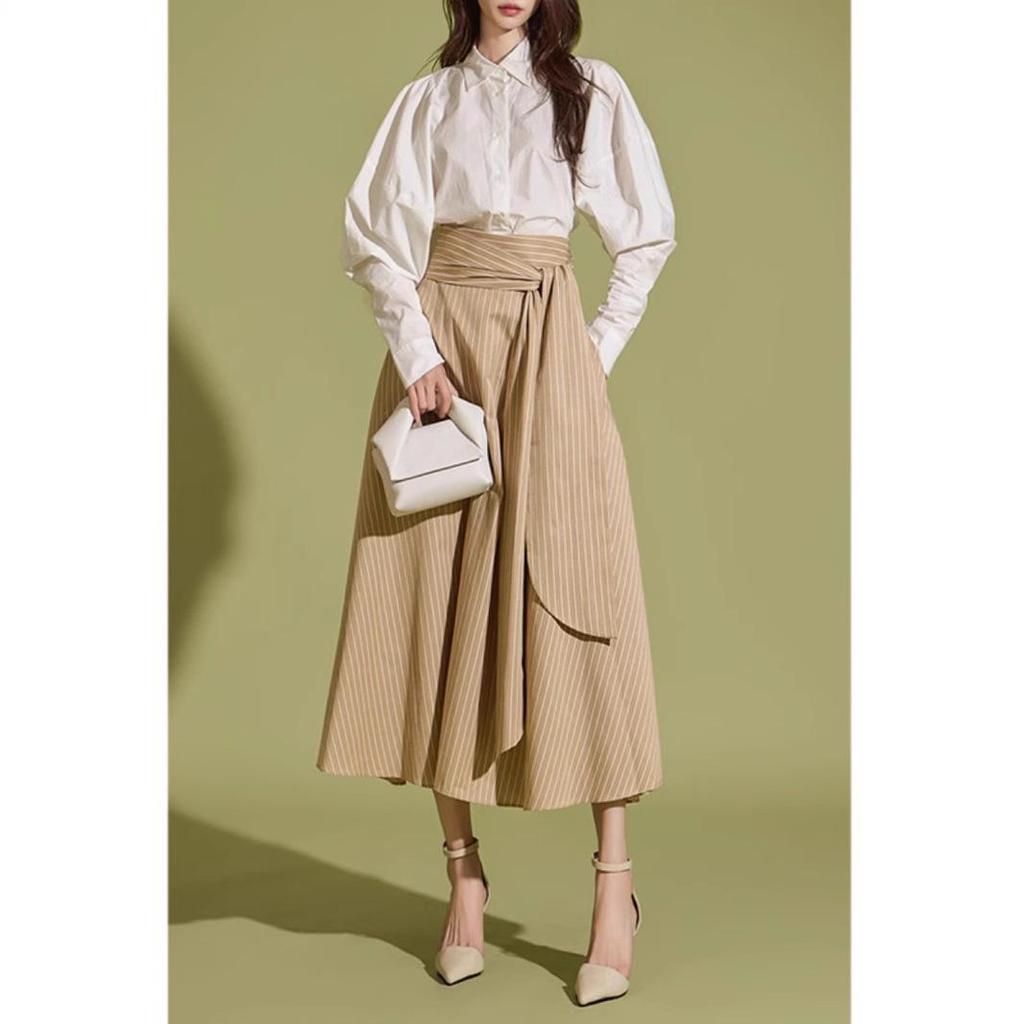 Women's Striped Irregular Midi Skirt, 2025 Spring/Autumn Collection, High Waist Tie A-Line.