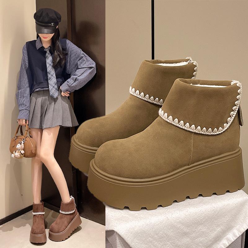 Women's Lightweight Platform Winter Boots with Thick Soles, Warm Fleece Lining, Fur Trim, Slip-Resistant, Casual Sporty Suede Lace-Up Cotton Boots