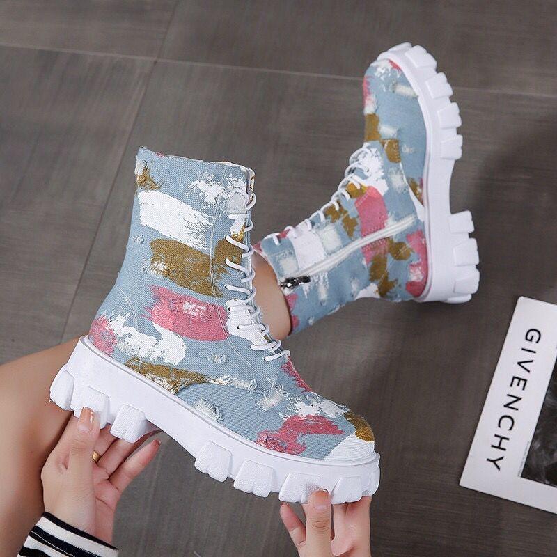 Autumn and winter color side zipper denim flat-bottomed platform short boots women's retro platform muffin bottom Martin boots lace-up