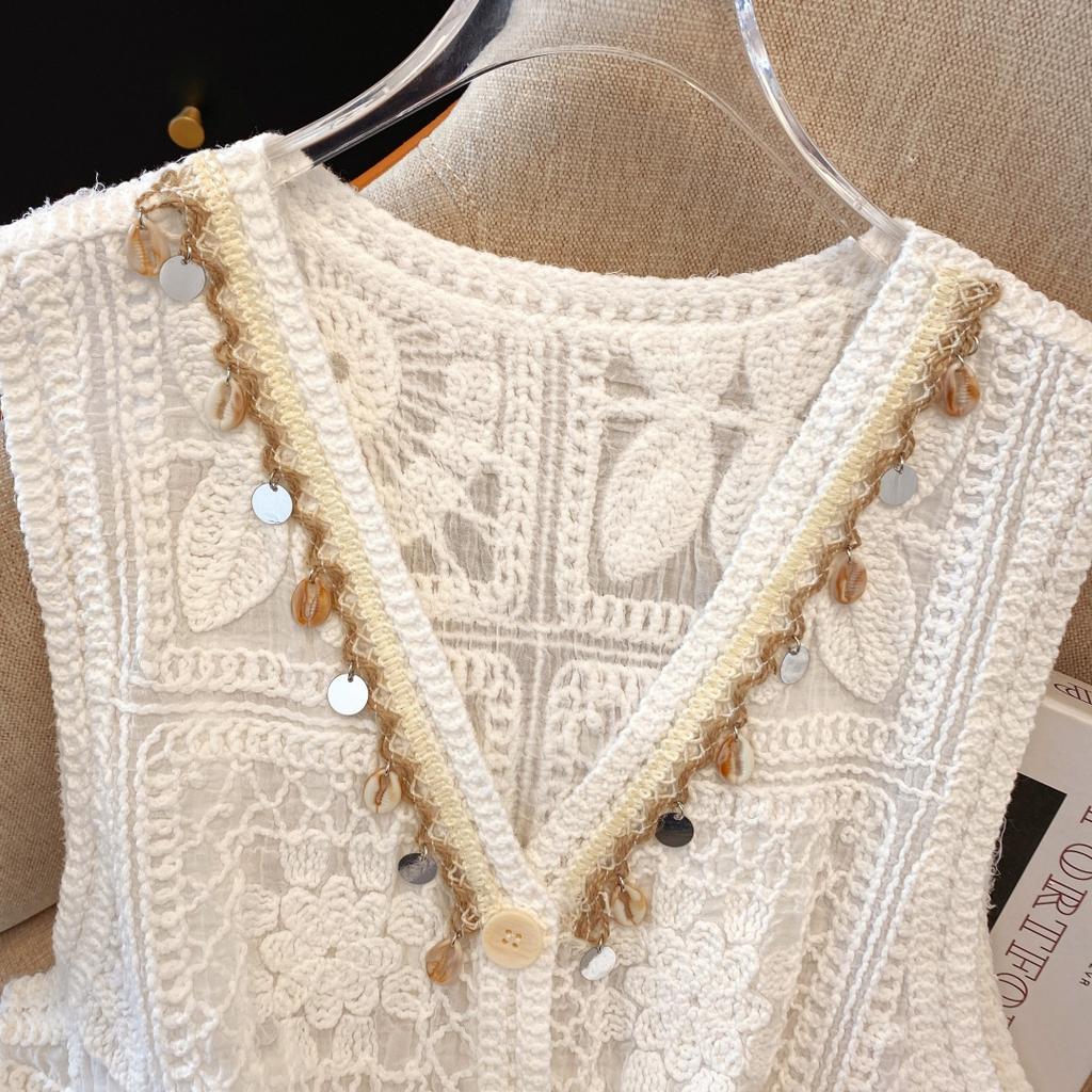 DIMANAF 2025 New Short Vest T-Shirt Women Sleeveless Round Buttons Knitting Lace Vest O-Neck Summer Style Basic Tops Tees Loose Clothing