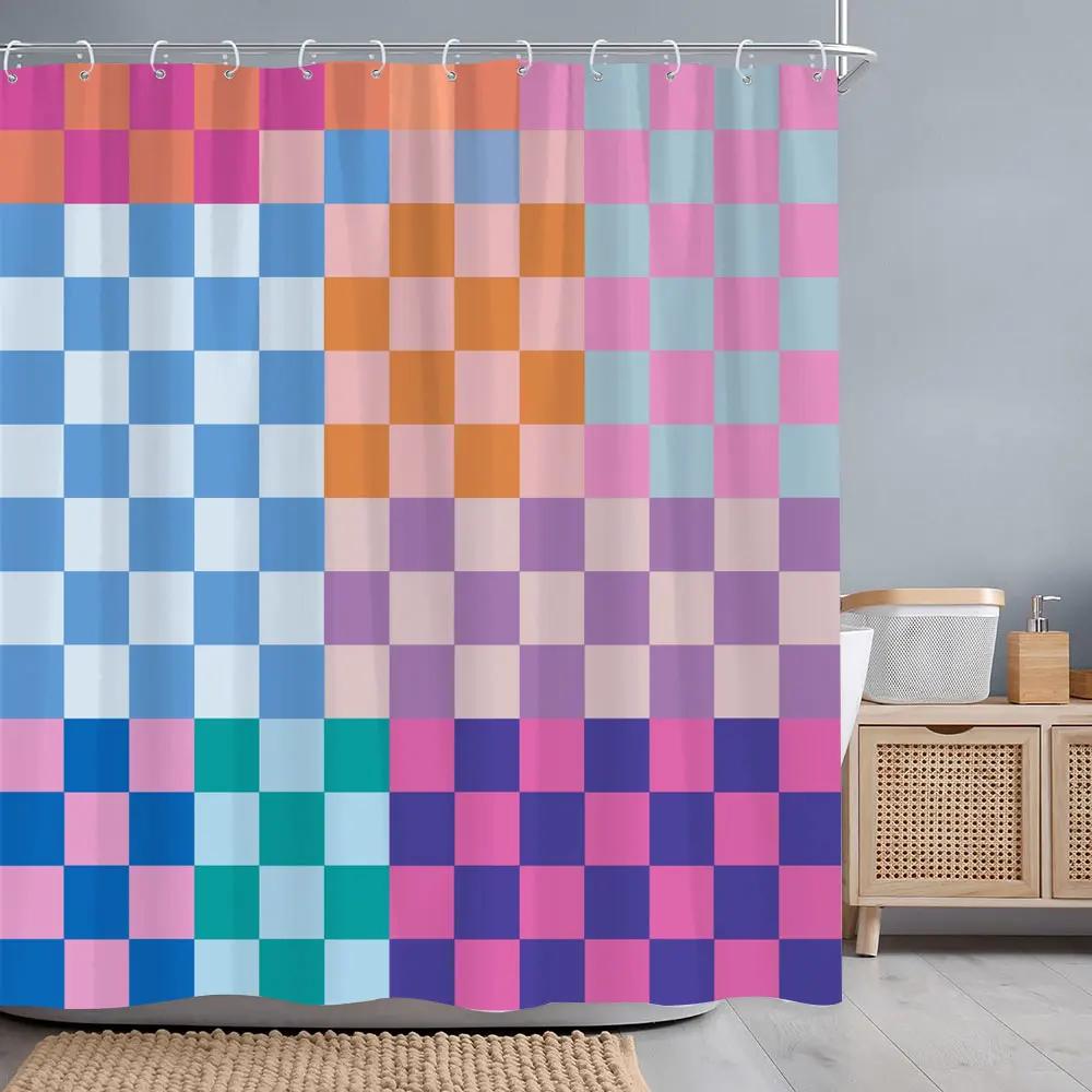 Abstract Geometric Line Square Graphic Shower Curtain Colourful Grid Polyester Fabric Shower Curtains Bathroom Decor with Hooks