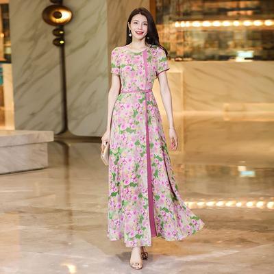 High End Summer Dress Women Flowy Chiffon Fake Two Piece Long Dress Slim Fit Floral Print