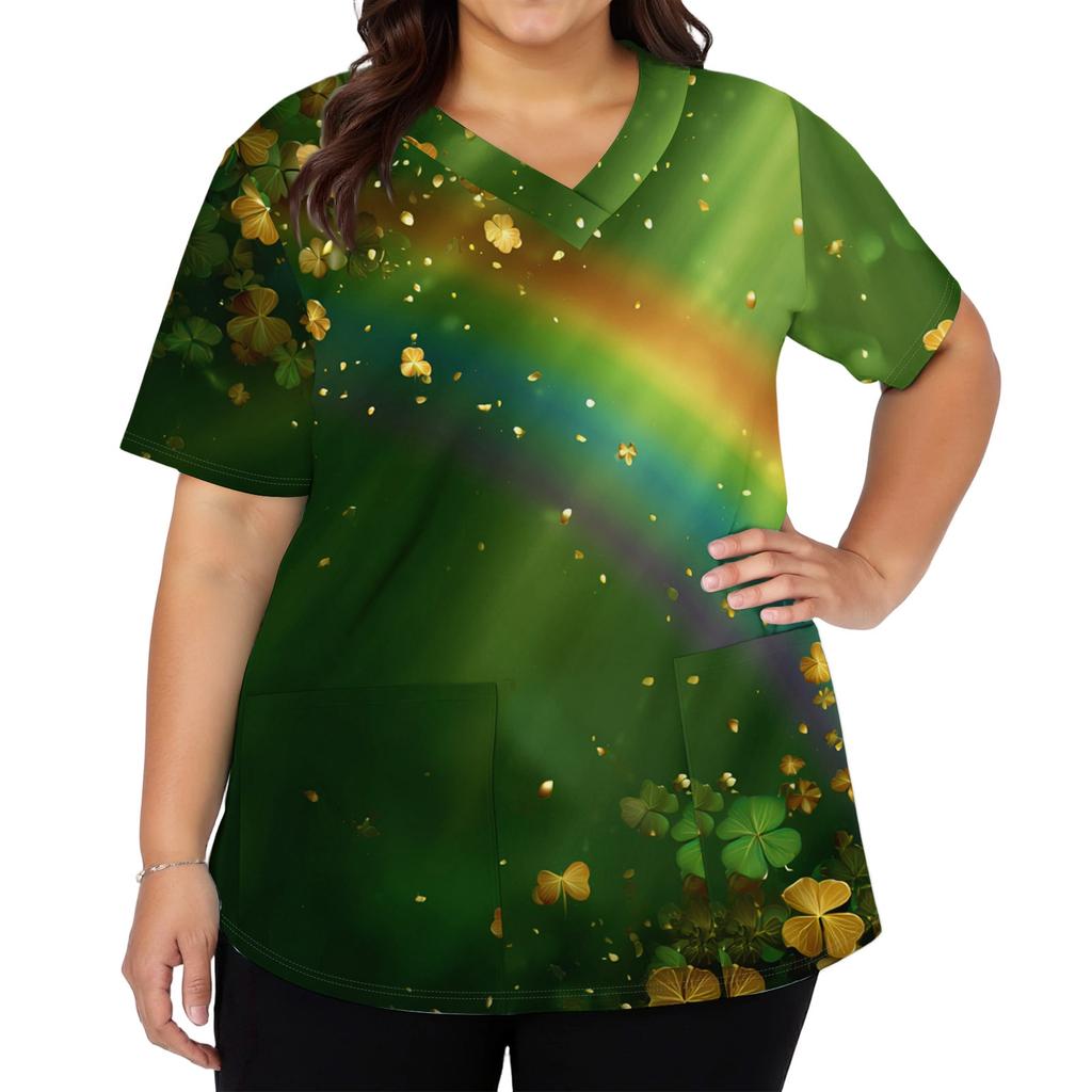 Women's Fashion V-neck Short Sleeve Workwear With Pockets Printed Tops