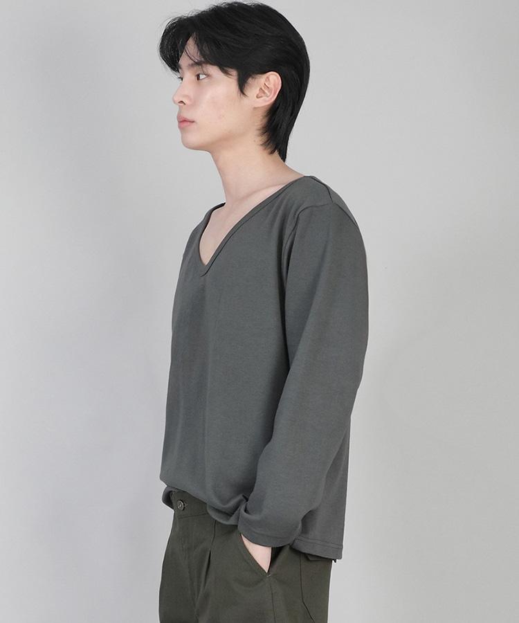 Seinteukeulu Plain Big V-Neck Long Sleeve Tee Bigv-879 Slate Gray