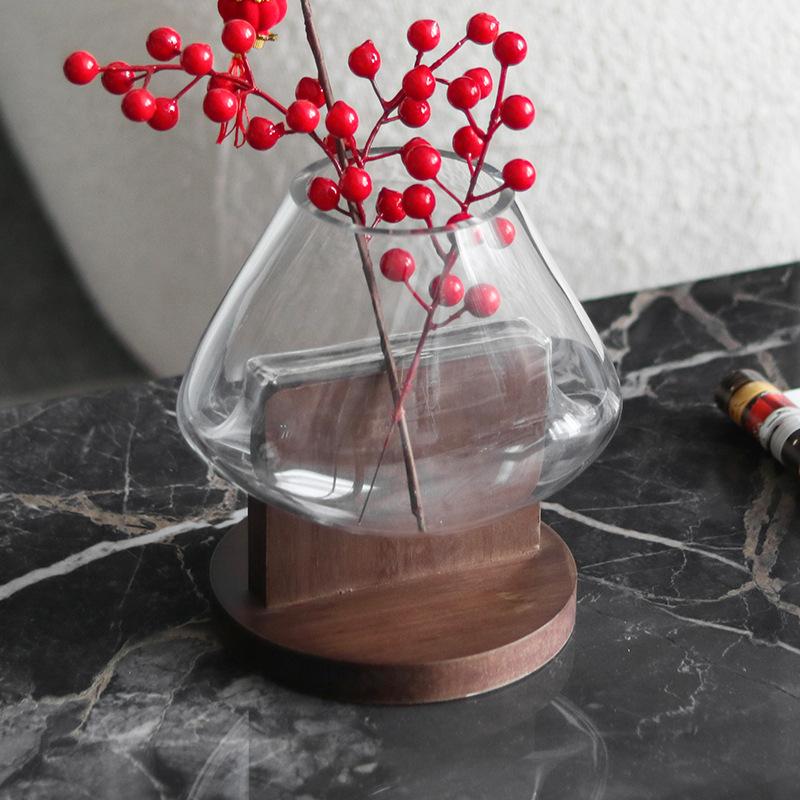 Geometric Transparent Glass Vase, Living Room Decoration, Wooden Base, Glass Container, Flower Arrangement, Home Decoration