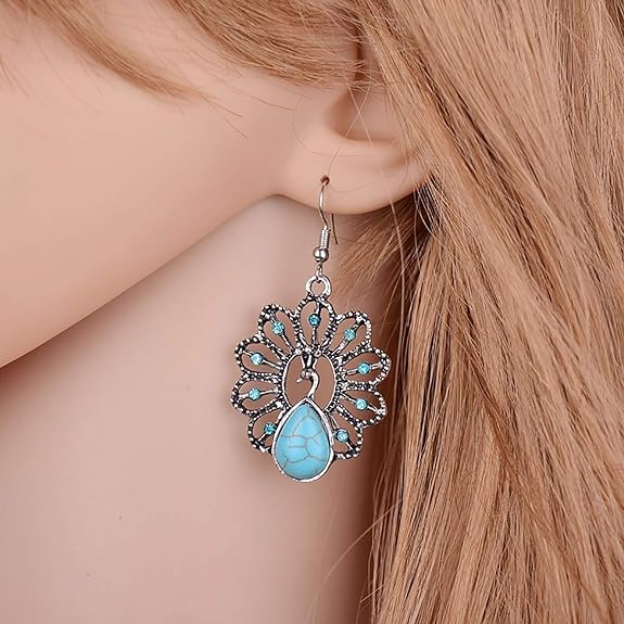 Valentinstagsgeschenk, oxidiertes Silber, schwarzes Metall, Messing und türkisfarbener Magnesitstein, hängende Traumfänger-Ohrringe für Frauen/Mädchen (blau)