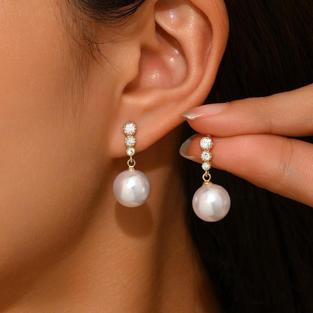 Luxury Pearl Earrings for Women Gold/Silver Plated Round CZ Dangle Earrings 12mm Pearl Bridal Wedding Daily Wear Jewelry
